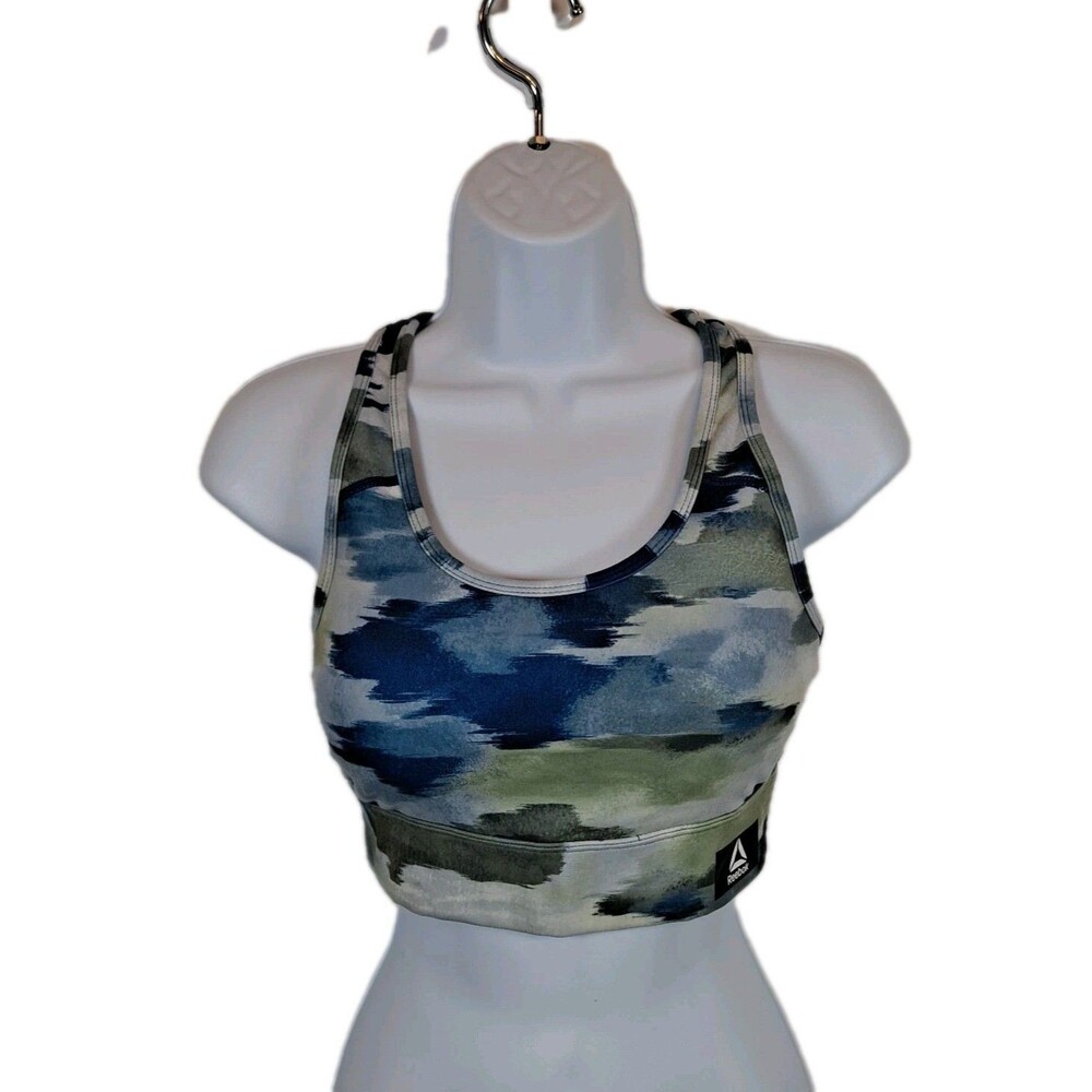 Reebok Womens Sports Bra Size S Racerback Back Pocket Watercolor Camo Print Blue